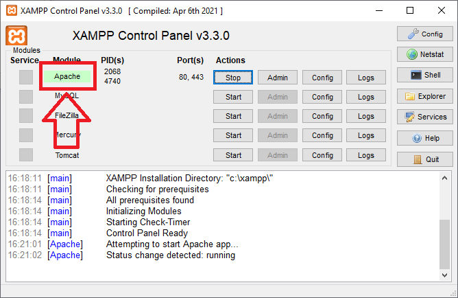 Apache в XAMPP успешно запустился