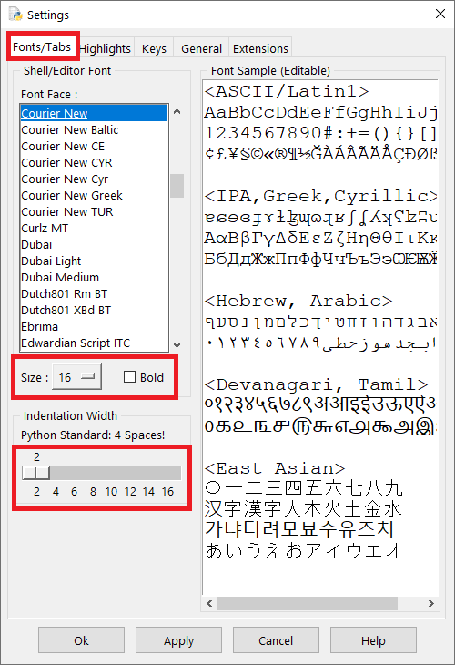 Окно настроек IDLE: вкладка ШРИФТЫ И ТАБУЛЯЦИЯ